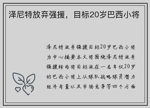 泽尼特放弃强援，目标20岁巴西小将